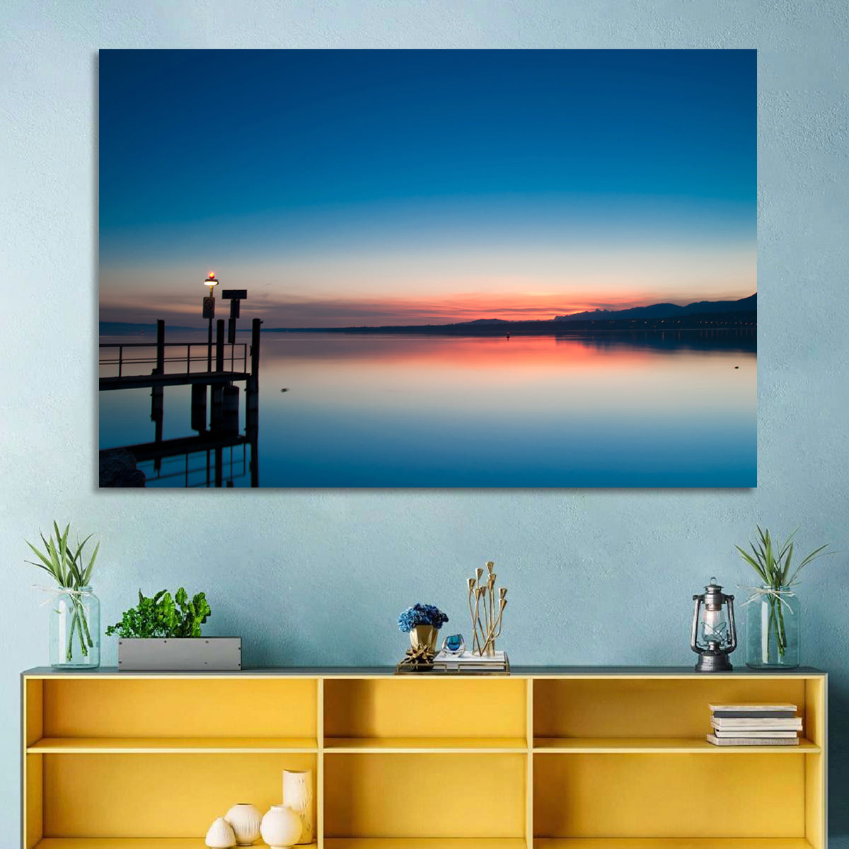 Lake Geneva Sunrise Pier Wall Art in a room, landscape