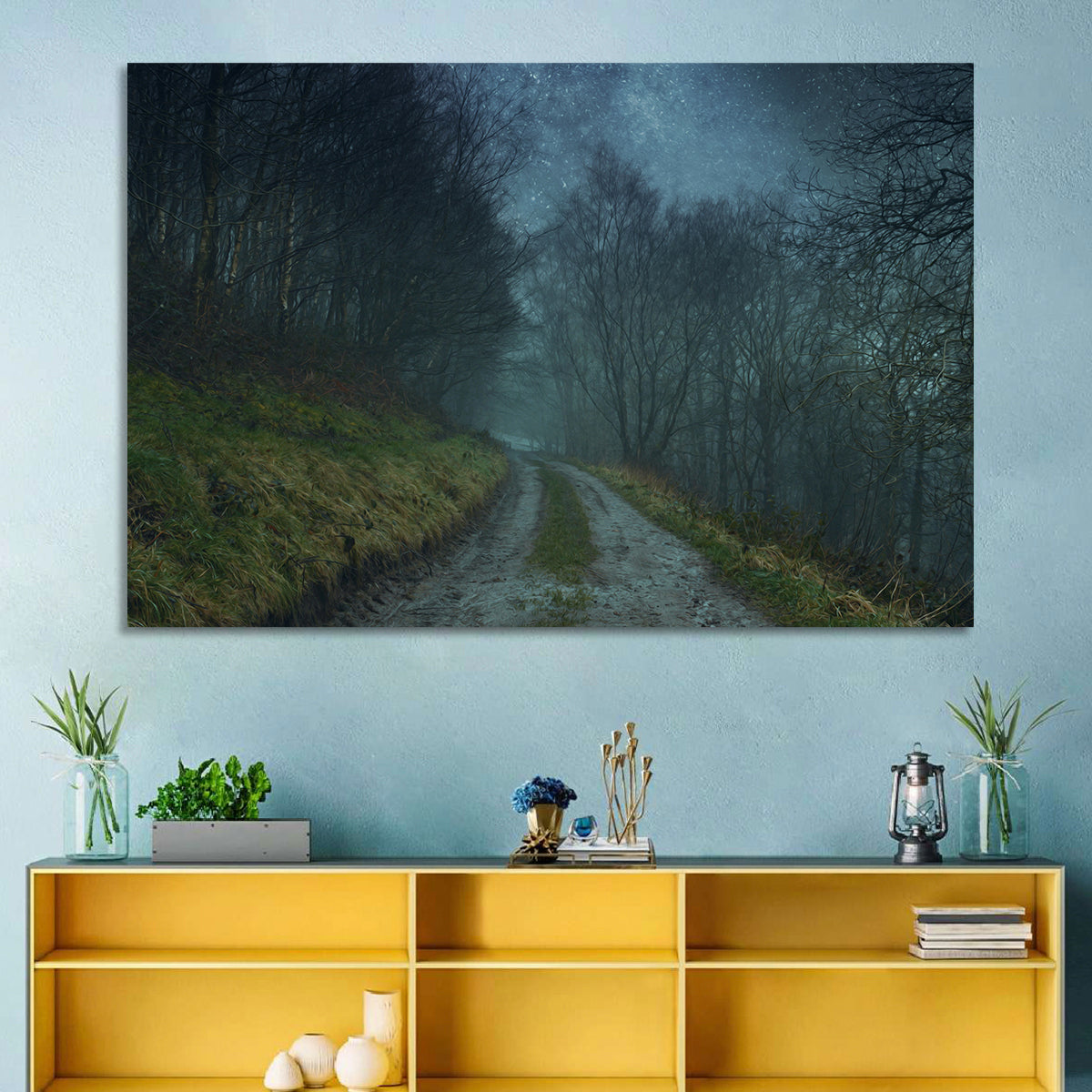 Misty Forest Pathway Wall Art in a room, landscape
