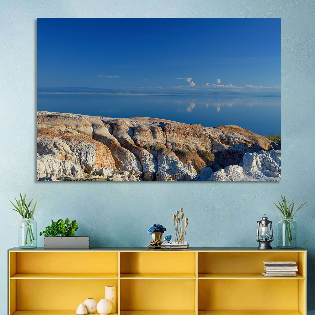 Shekelmes Tract Cliff Over Lake Wall Art in a room, landscape