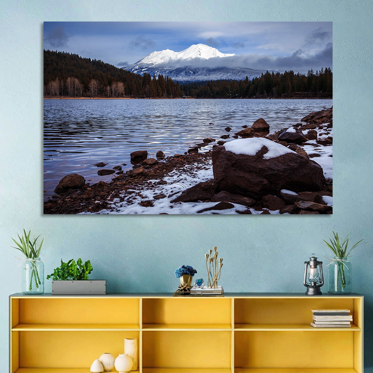 Mount Shasta and Lake Siskiyou Wall Art in a room, landscape