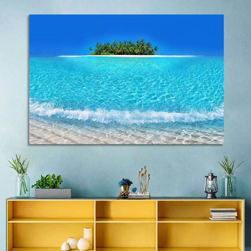 Turquoise Atoll Sandbar with Palm Trees Wall Art