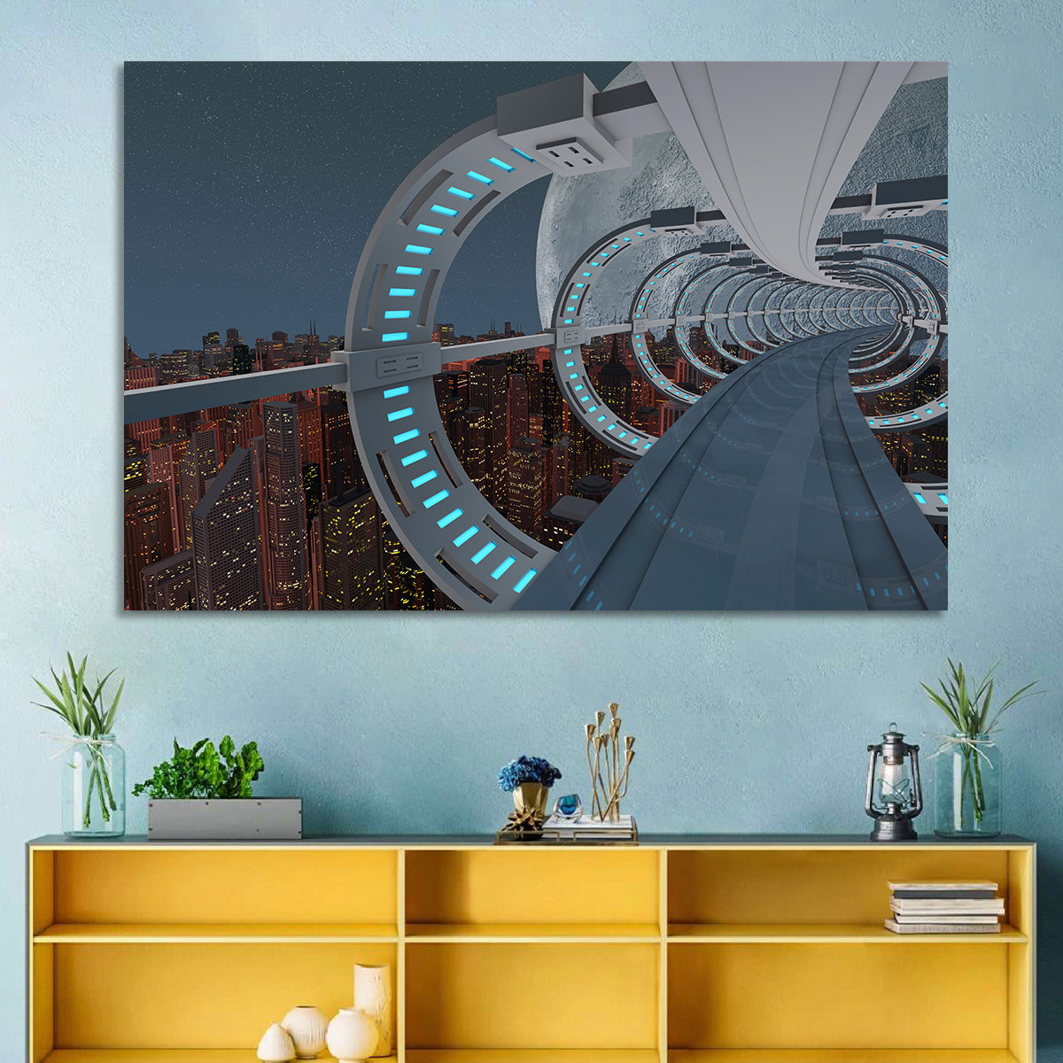 Futuristic City Tunnel with Moon Wall Art