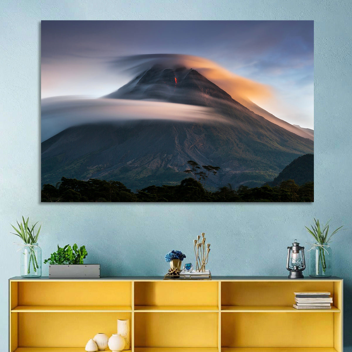 Mount Merapi at Dusk Wall Art in a room, landscape