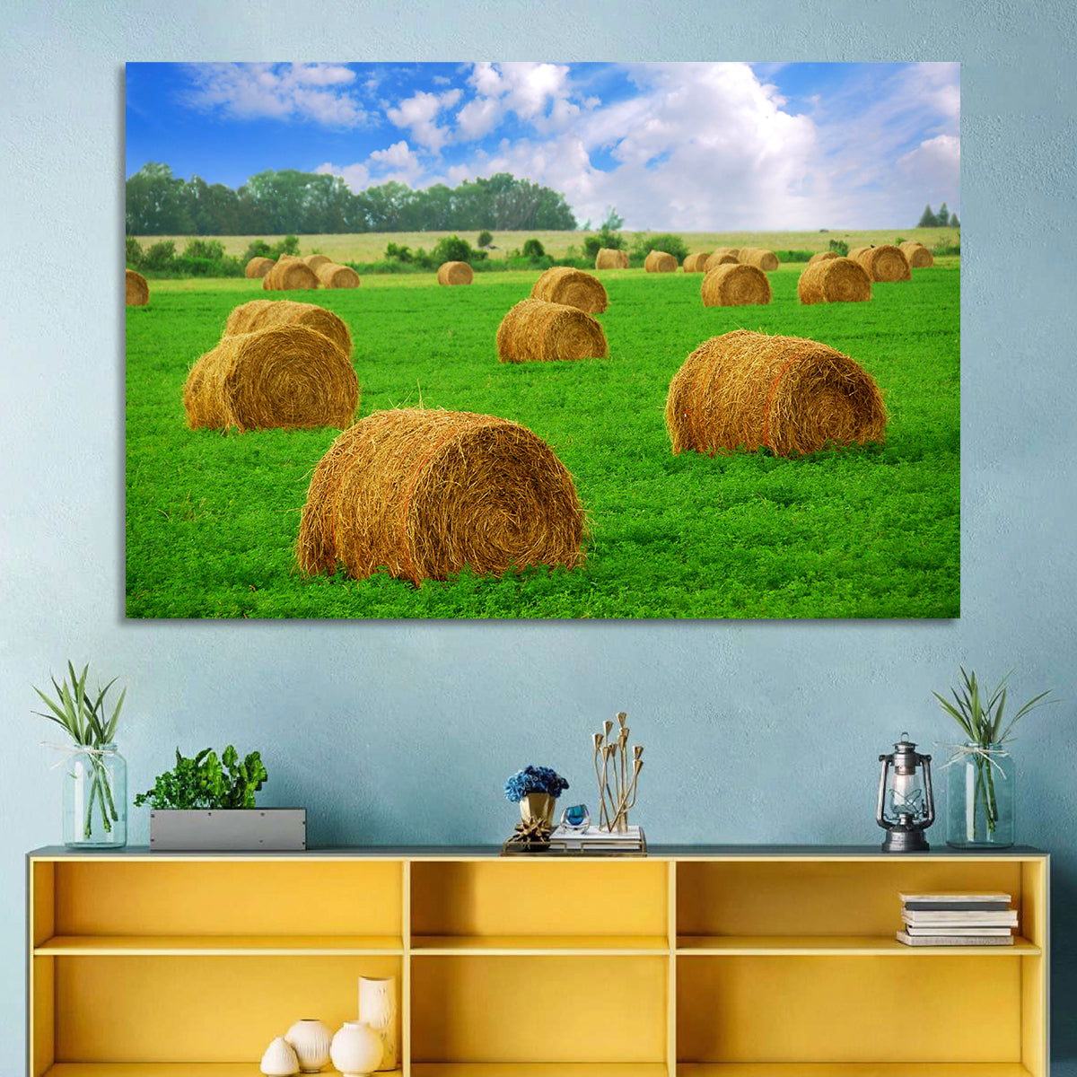 Golden Hay Bales in Green Field Wall Art in a room, landscape