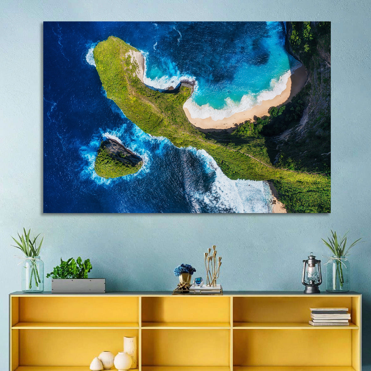 Kelingking Beach Cliffs Wall Art in a room, landscape