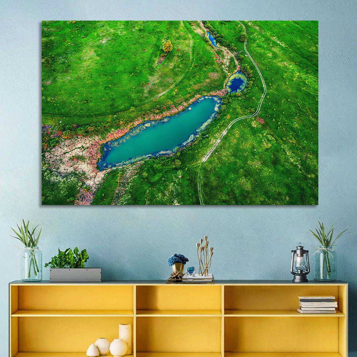 Meadows Lake Aerial Wall Art in a room, landscape