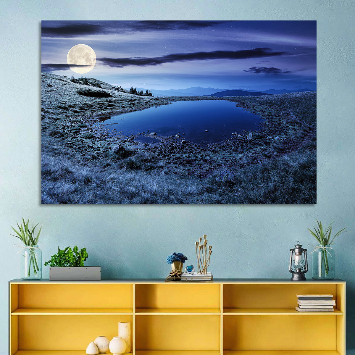 Mountain Lake at Night Wall Art in a room, landscape