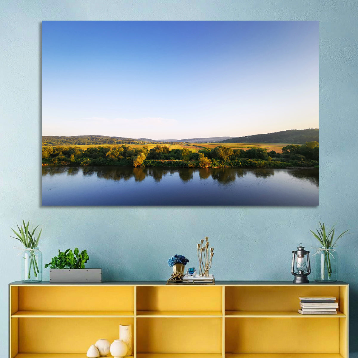 Peaceful River Sunset Wall Art in a room, landscape