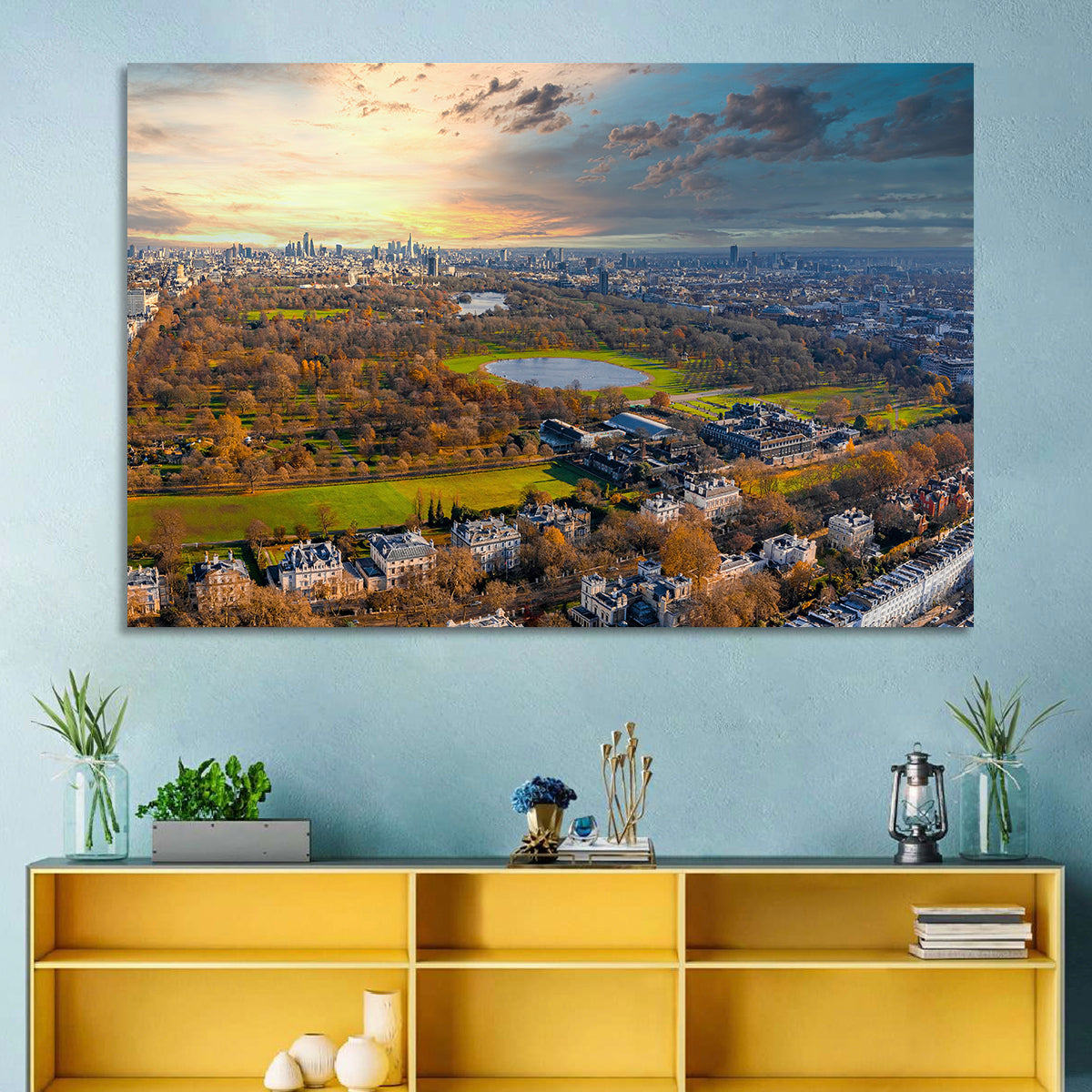 Cloudy Hyde Park Aerial Wall Art in a room, landscape