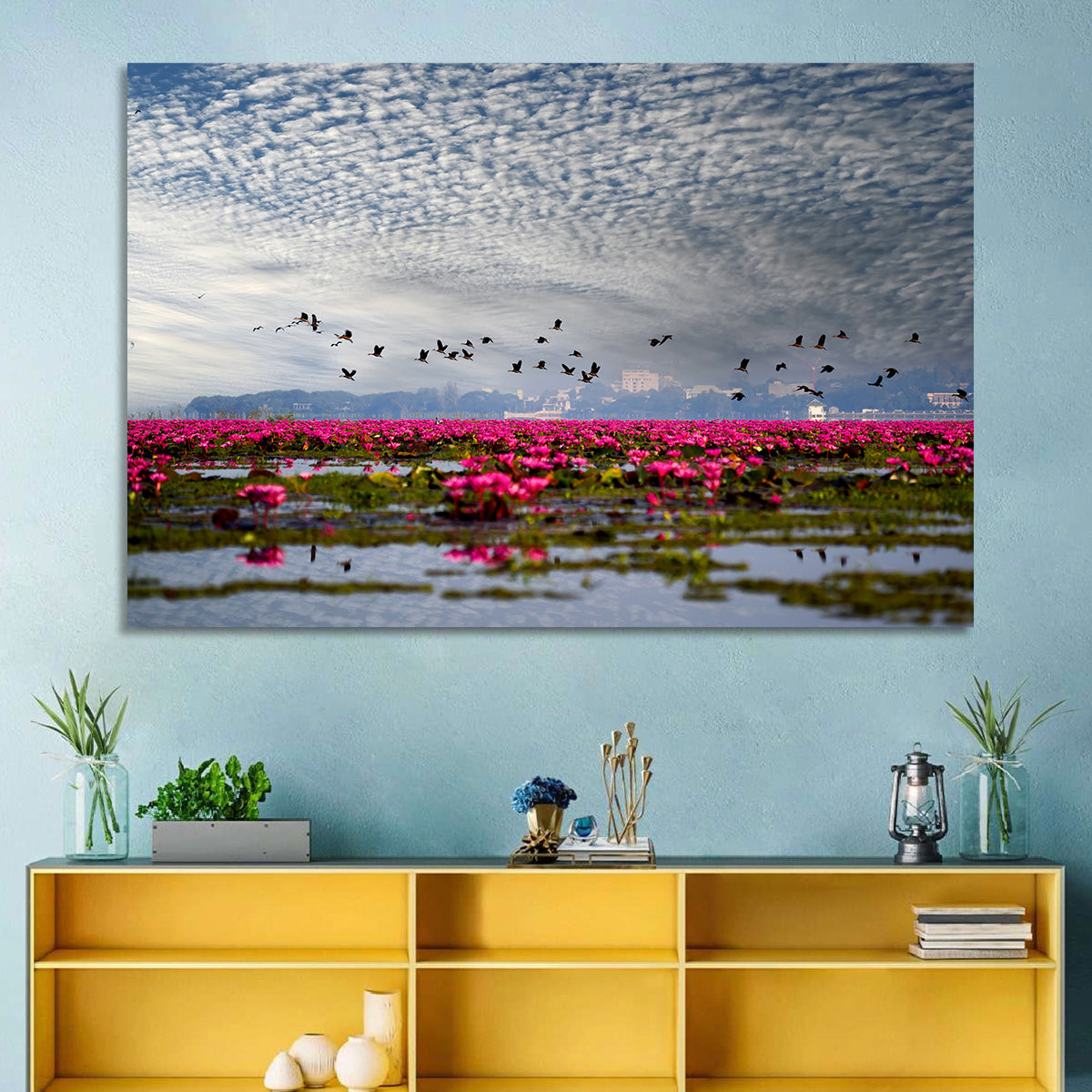 Red Lotus Lake Wall Art in a room, landscape
