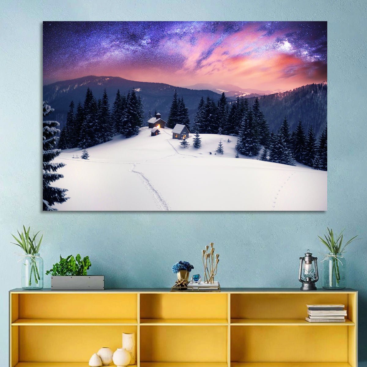 Starry Winter Cabins Under the Milky Way Wall Art in a room, landscape