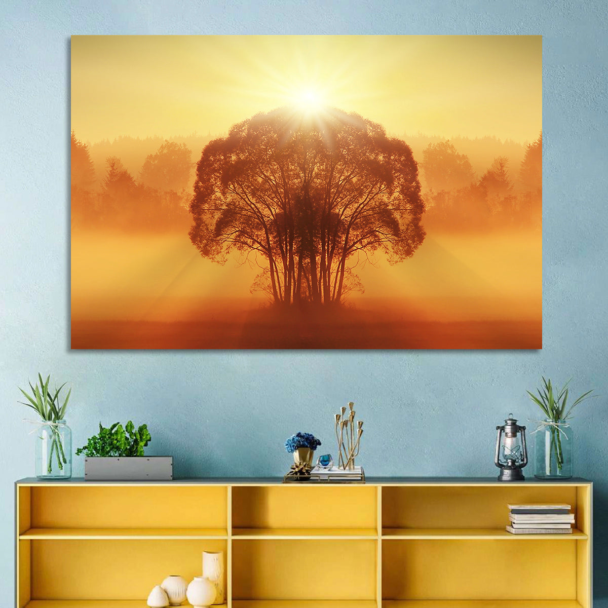 Golden Haze Tree at Sunset Wall Art in a room, landscape
