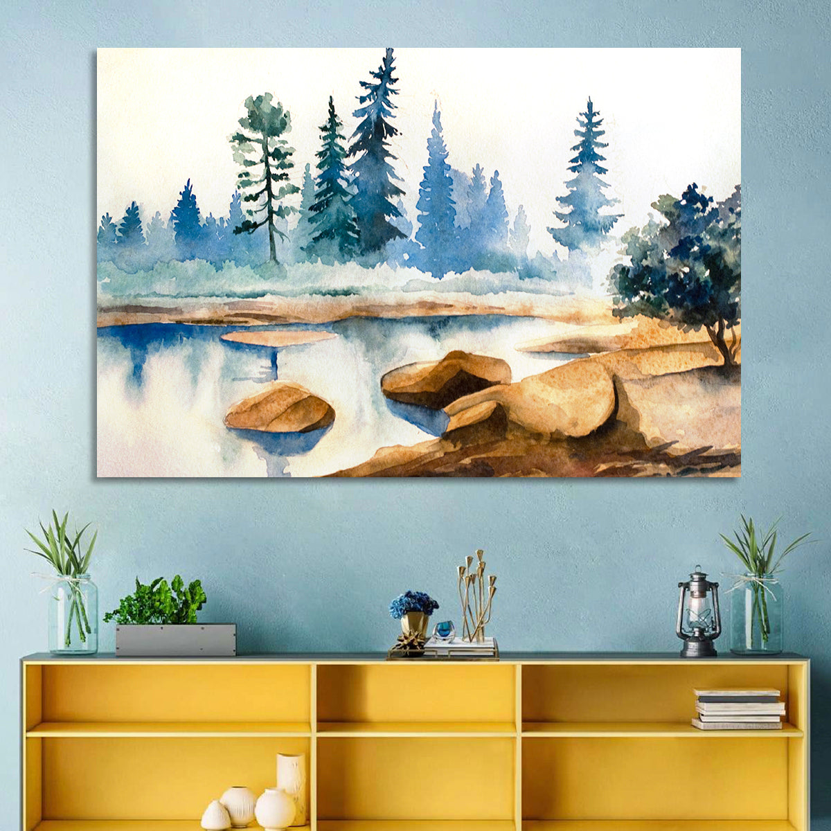 Misty Pine Stream Wall Art in a room, landscape
