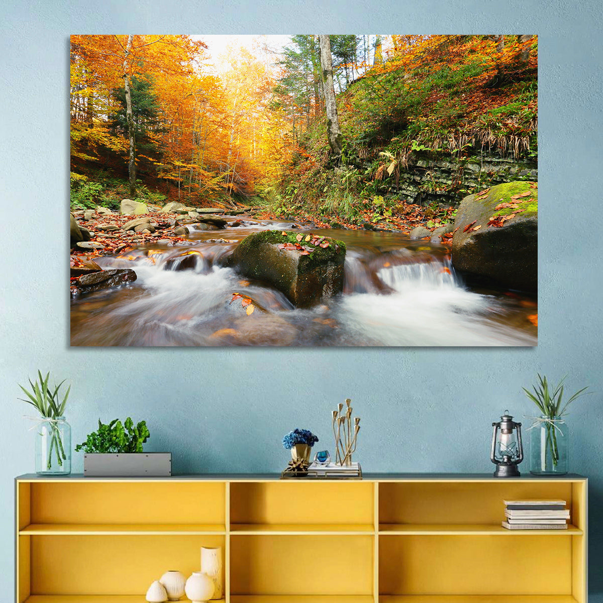 Forest Stream in Autumn Wall Art in a room, landscape