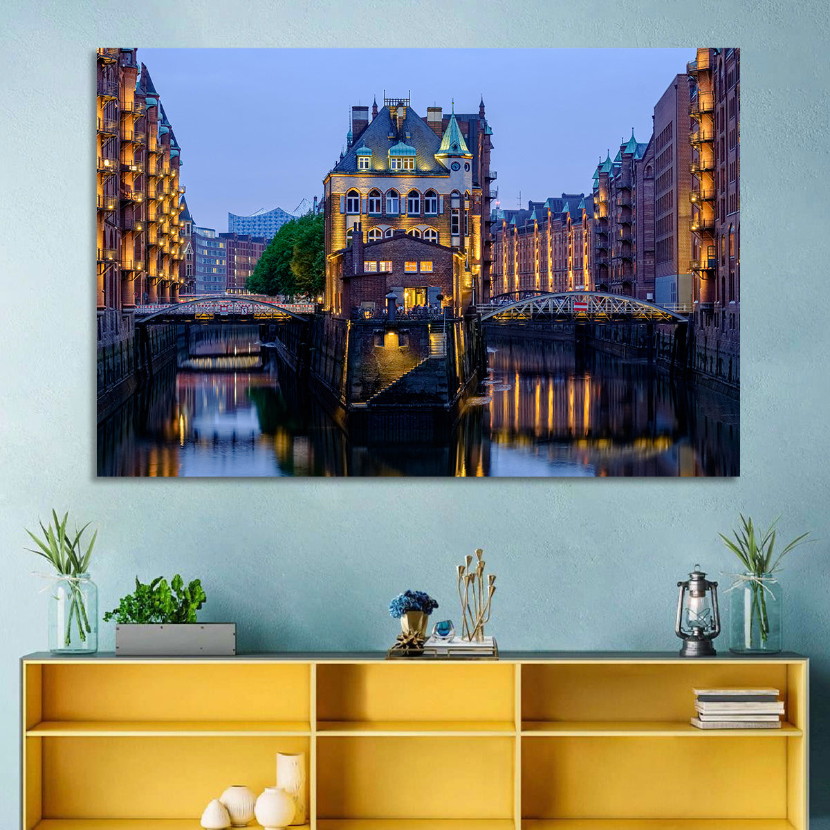 Wasserschloss Blue Hour Reflections Wall Art in a room, landscape