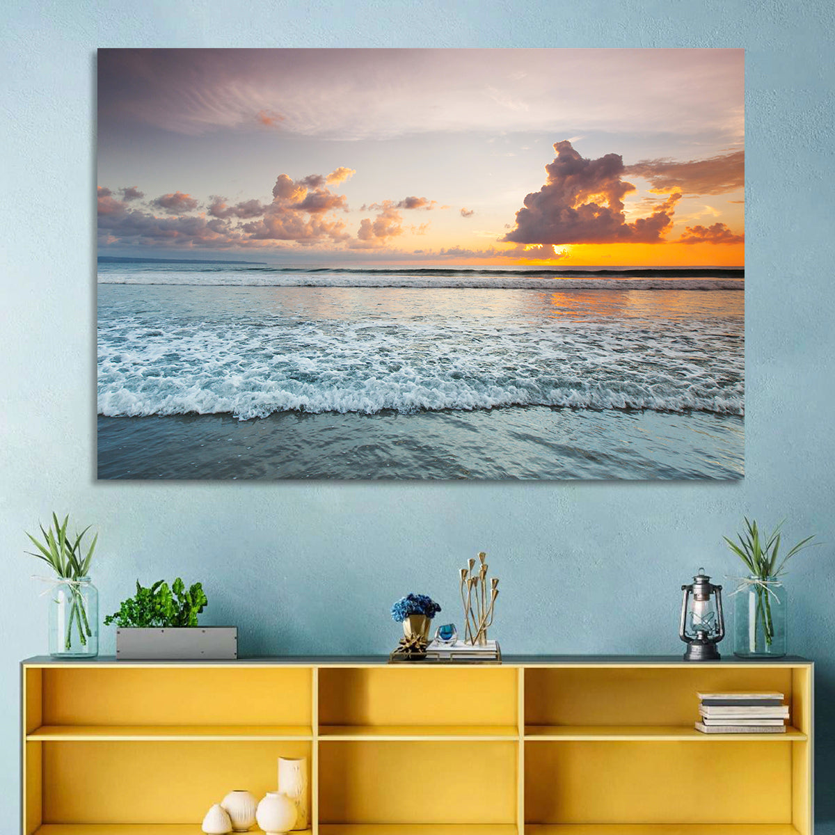 Golden Hour Beach Sunset Surf Wall Art in a room, landscape