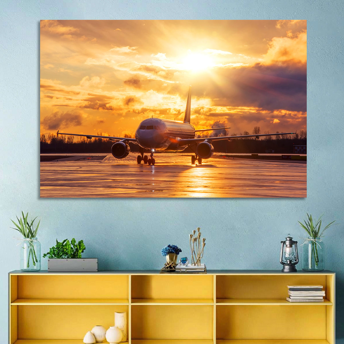 Golden Hour Airliner on Wet Runway Wall Art