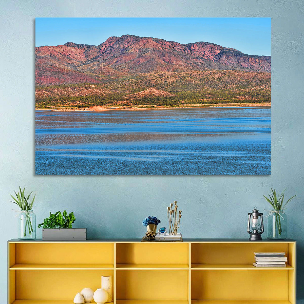 Blue Roosevelt Lake Vista Wall Art in a room, landscape