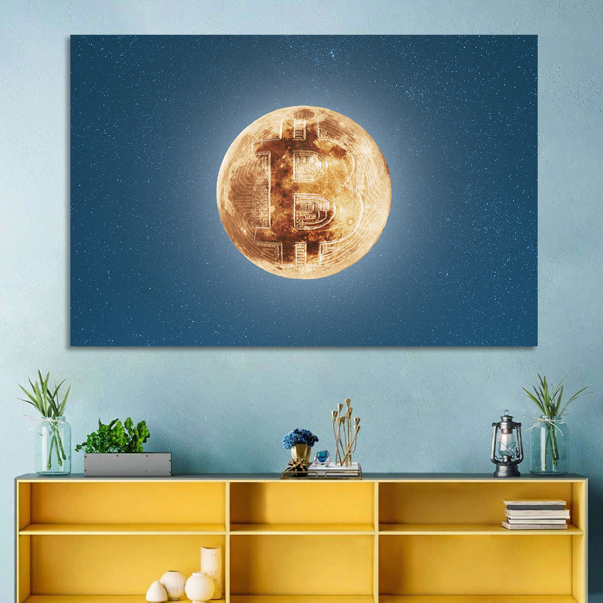 Bitcoin Circuit Moon Wall Art in a room, landscape