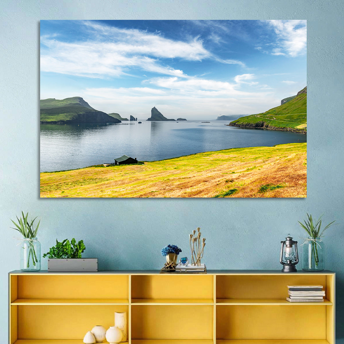 Tindhólmur and Drangarnir Coastal Bay Wall Art in a room, landscape