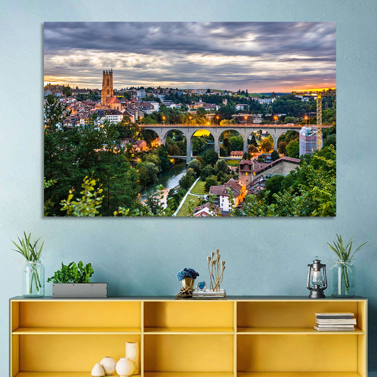 Zähringen Bridge at Twilight, Fribourg Wall Art in a room, landscape
