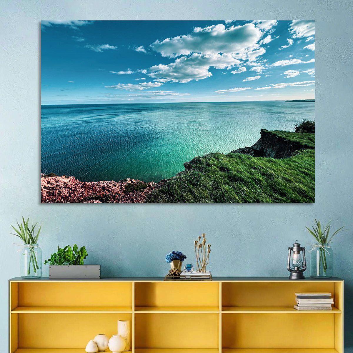 Coastal Cliffs Above a Turquoise Sea Wall Art in a room, landscape
