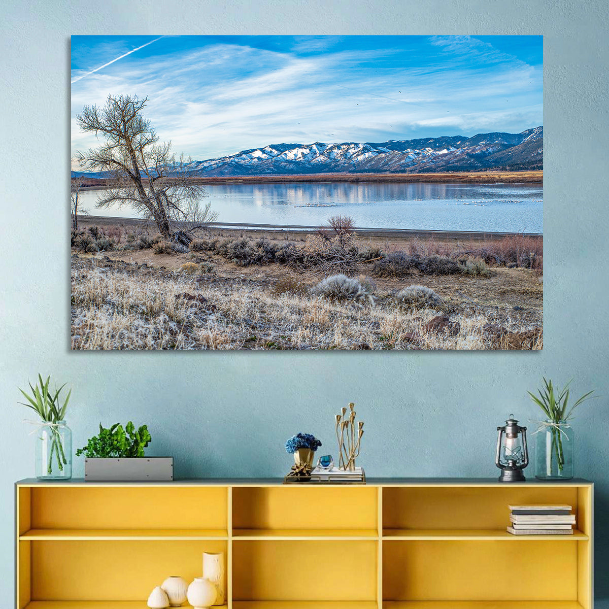 Winter Washoe Lake Morning Wall Art in a room, landscape