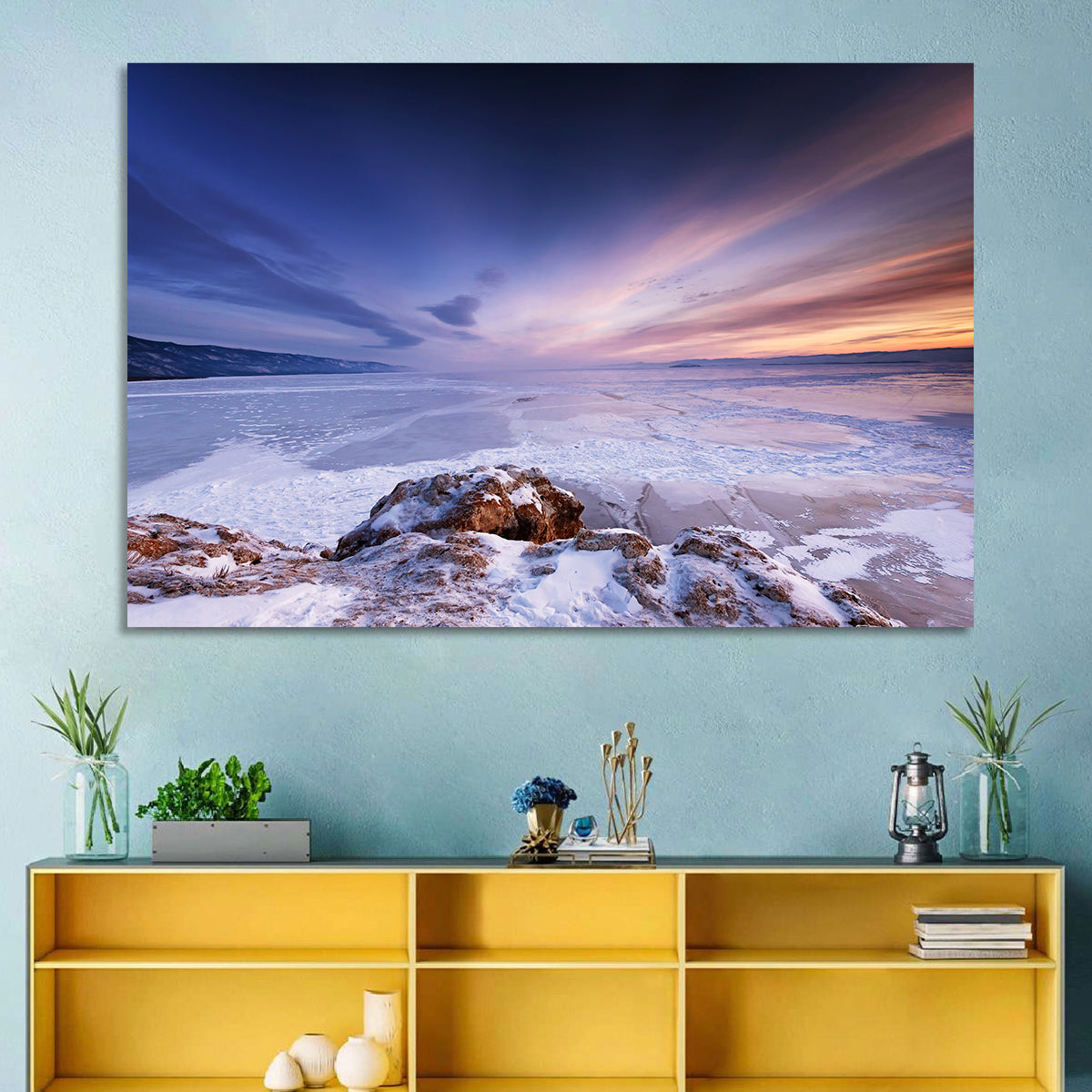 Frozen Lake Ice and Sunset Sky Wall Art in a room, landscape