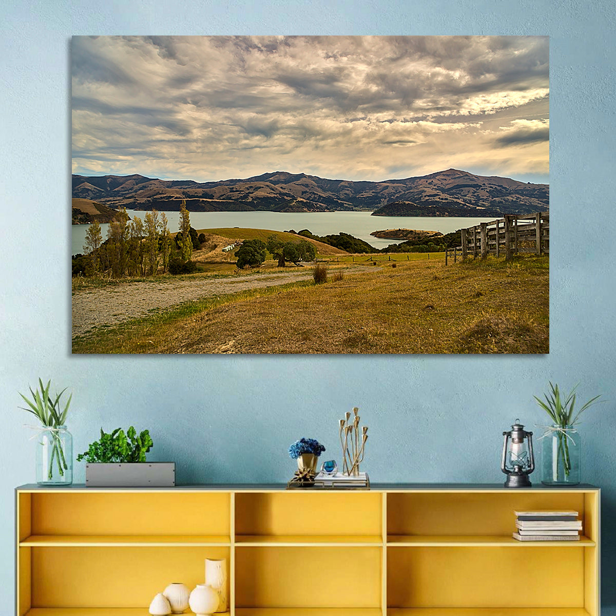 Akaroa Lake Gravel Path View Wall Art in a room, landscape
