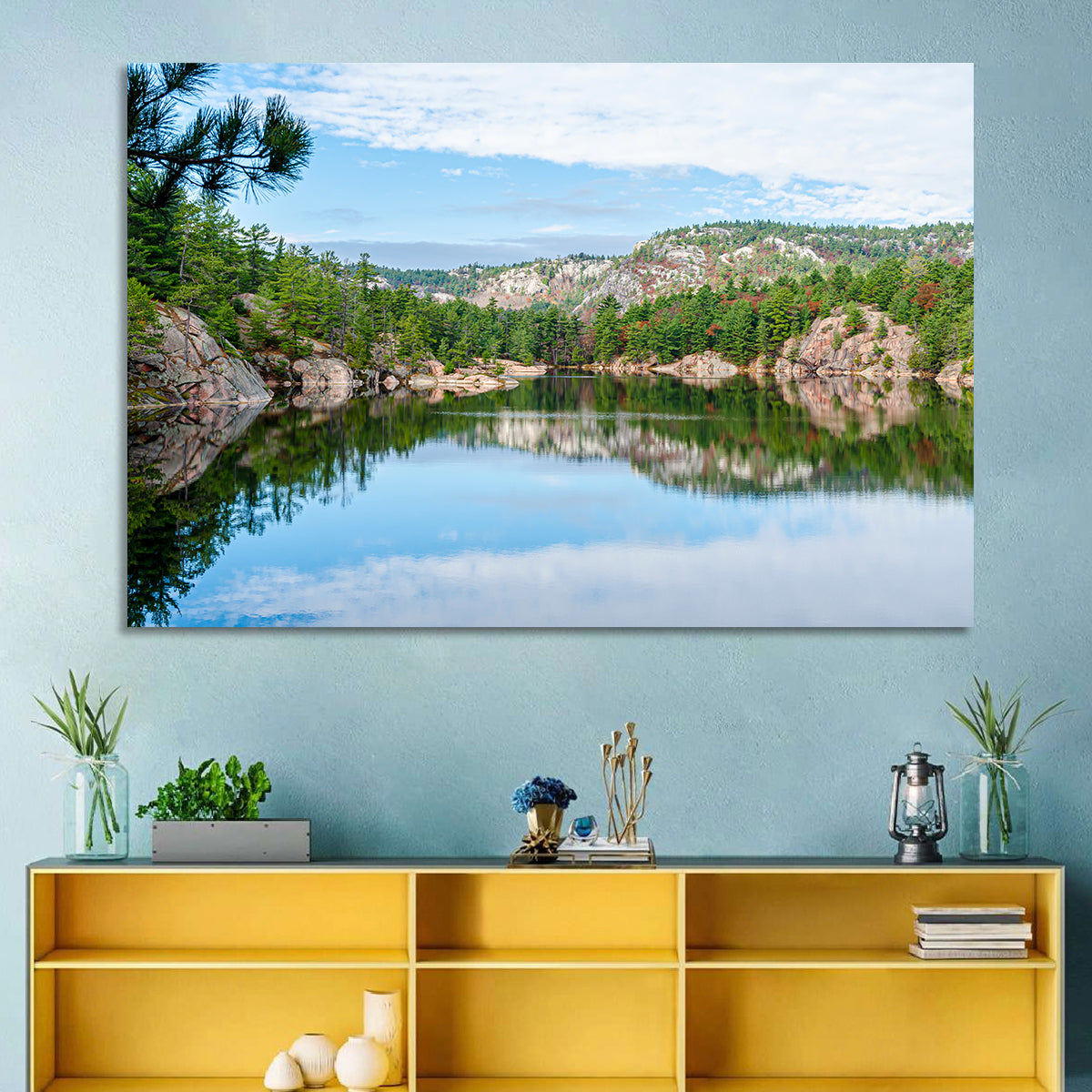 Mirror-quiet Lake and Pines Wall Art in a room, landscape