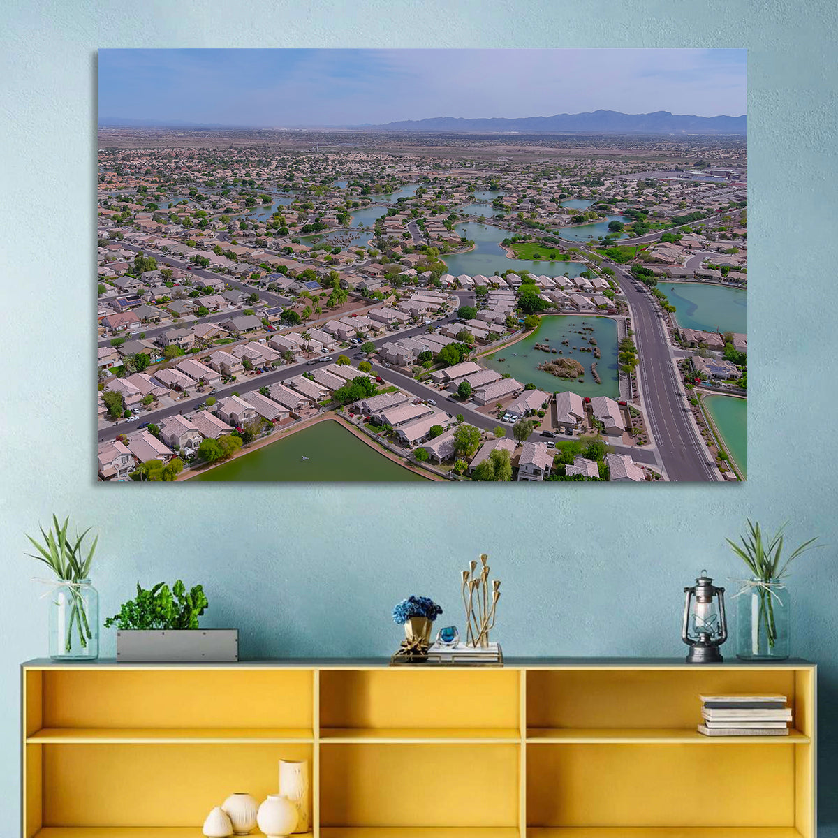 Aerial Desert Suburb with Lakes Wall Art in a room, landscape