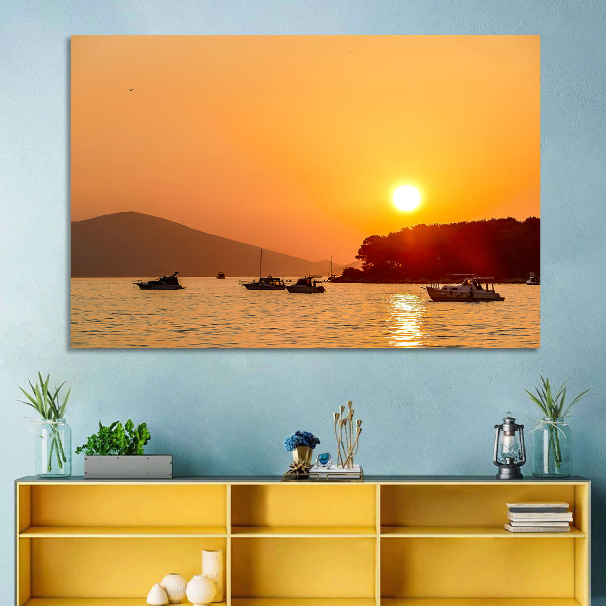 Golden Harbor Sunset Wall Art in a room, landscape