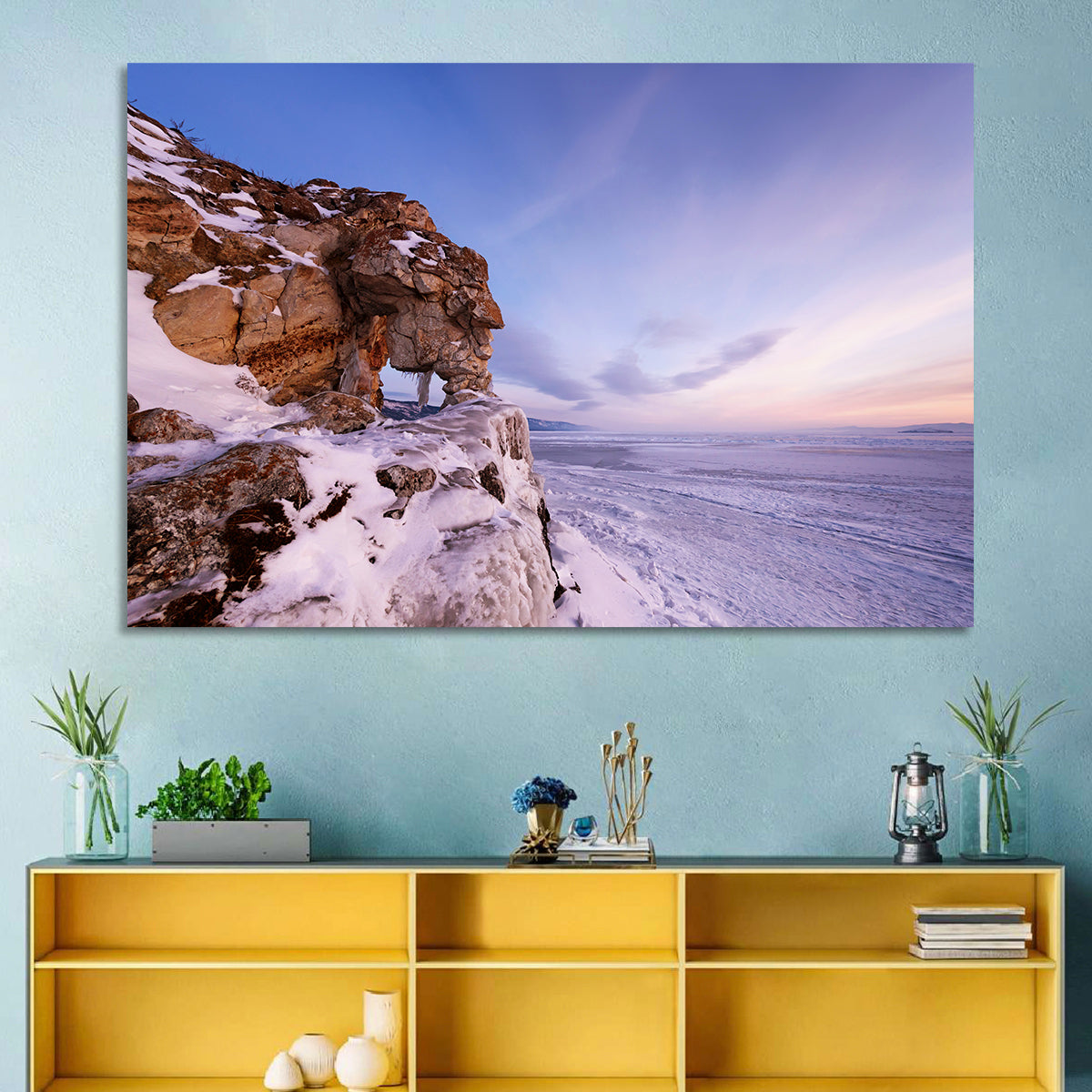 Lake Baikal Rock Arch at Winter Twilight Wall Art in a room, landscape