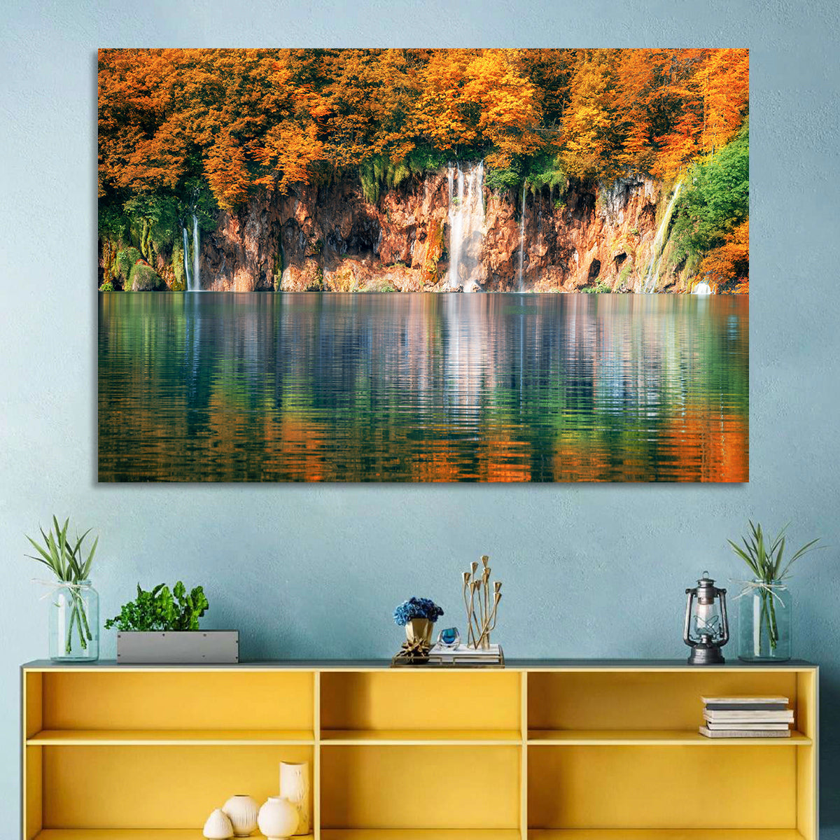 Autumn Reflections at Plitvice Lakes Wall Art in a room, landscape