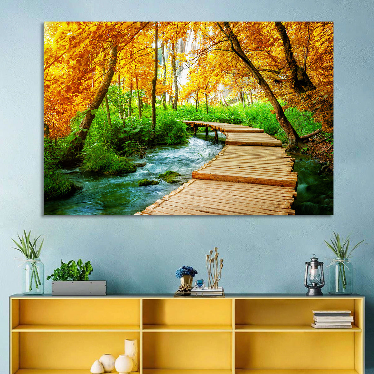 Plitvice Autumn Boardwalk Wall Art in a room, landscape
