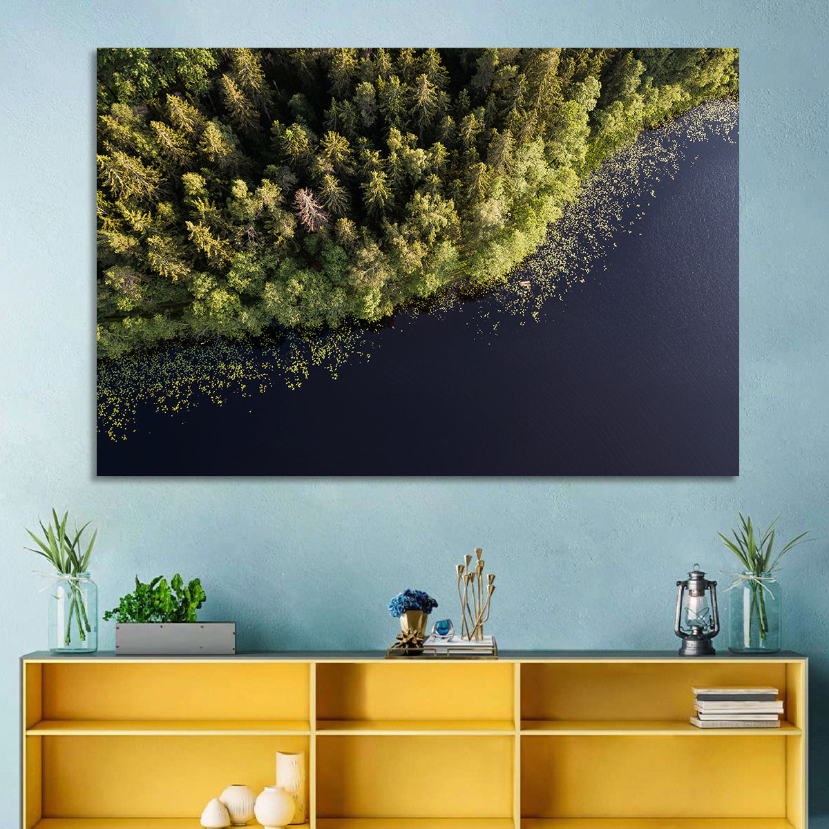 Aerial Lake with Red Boat Wall Art in a room, landscape
