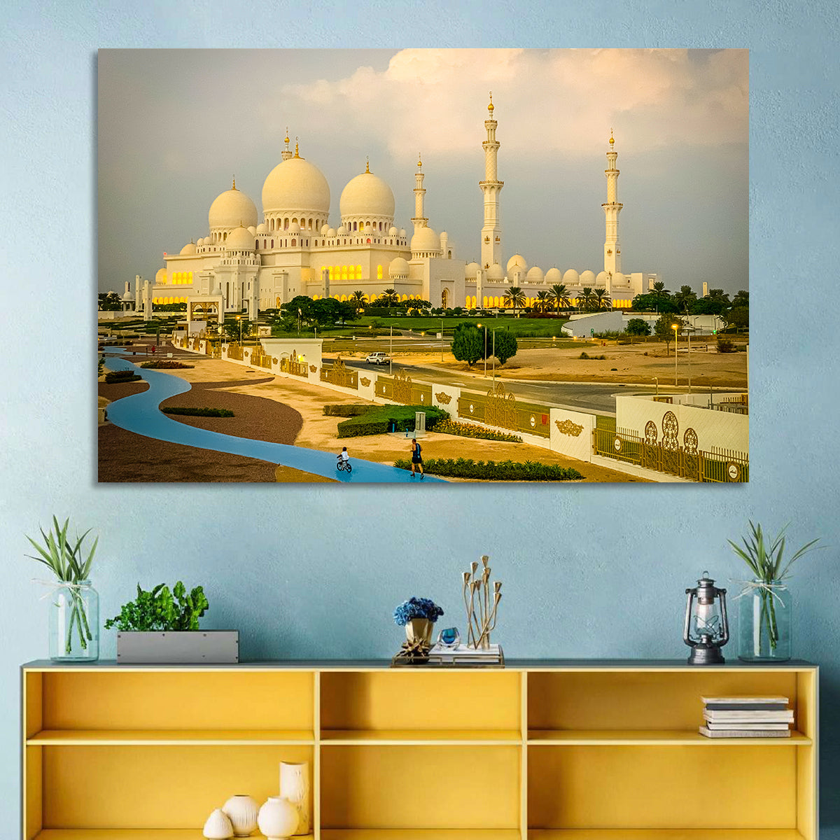 Sheikh Zayed Grand Mosque at Golden Dusk Wall Art in a room, landscape