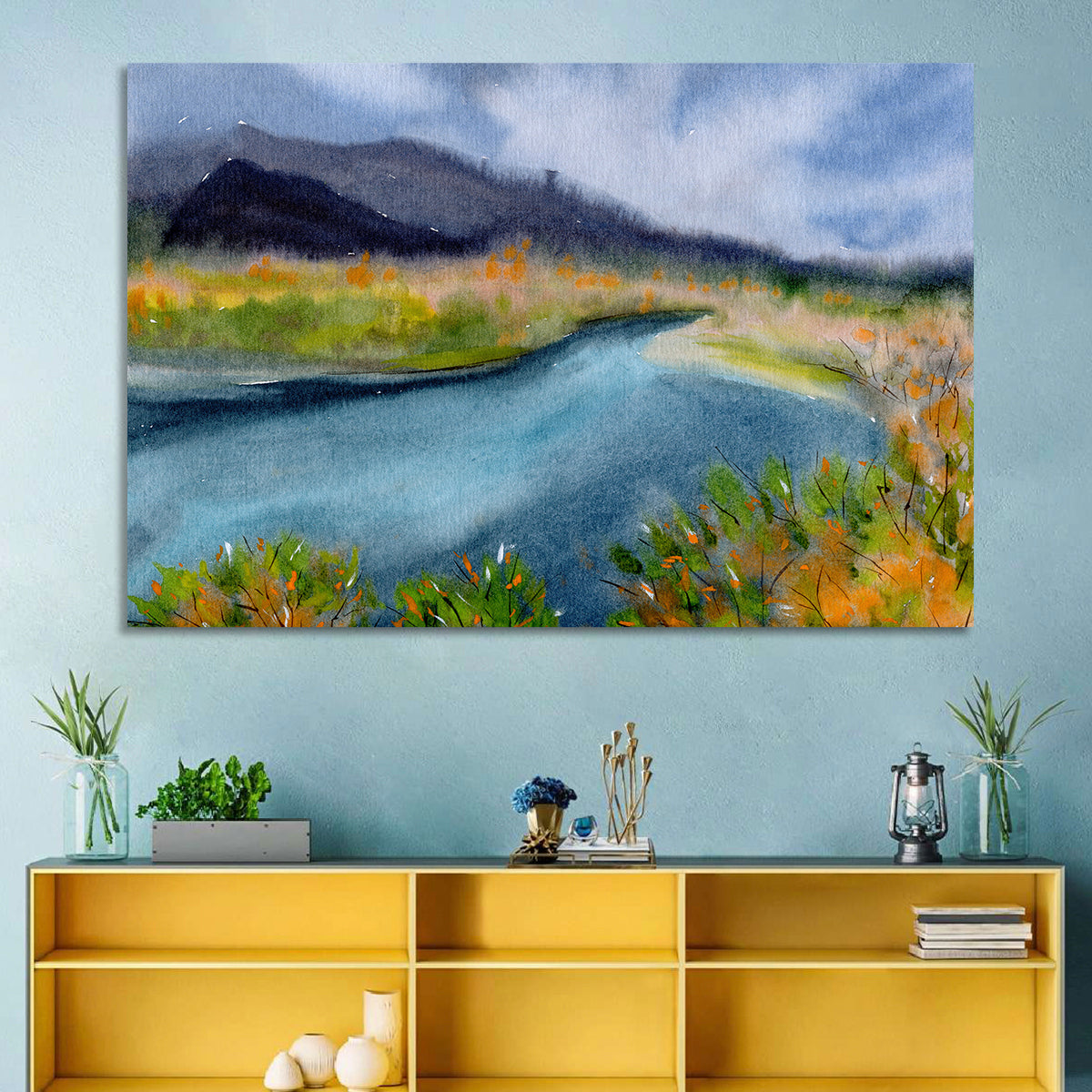 Misty Autumn River and Mountain Landscape Wall Art in a room, landscape