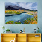 Misty Autumn River and Mountain Landscape Wall Art