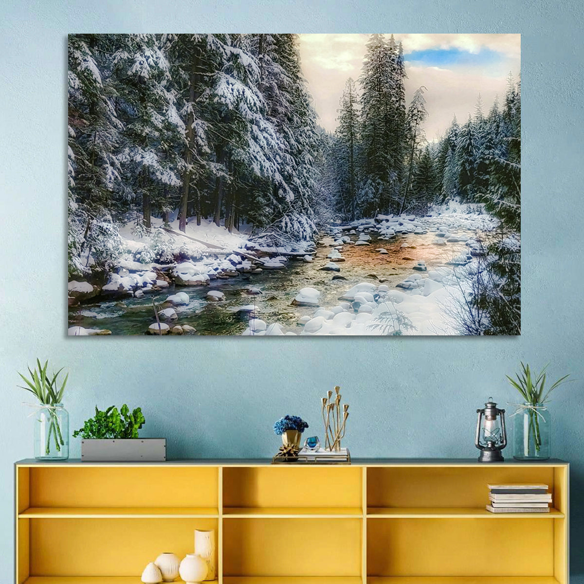 Winter Creek in Snowy Pines Wall Art in a room, landscape