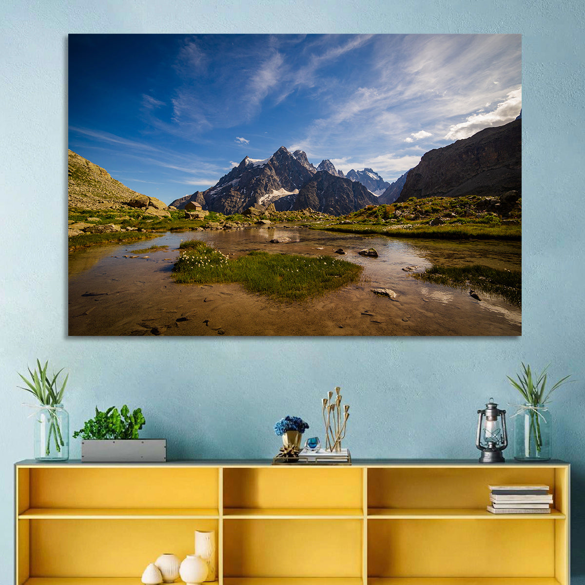 La Meije Alpine Lake and Stone Hut Wall Art in a room, landscape