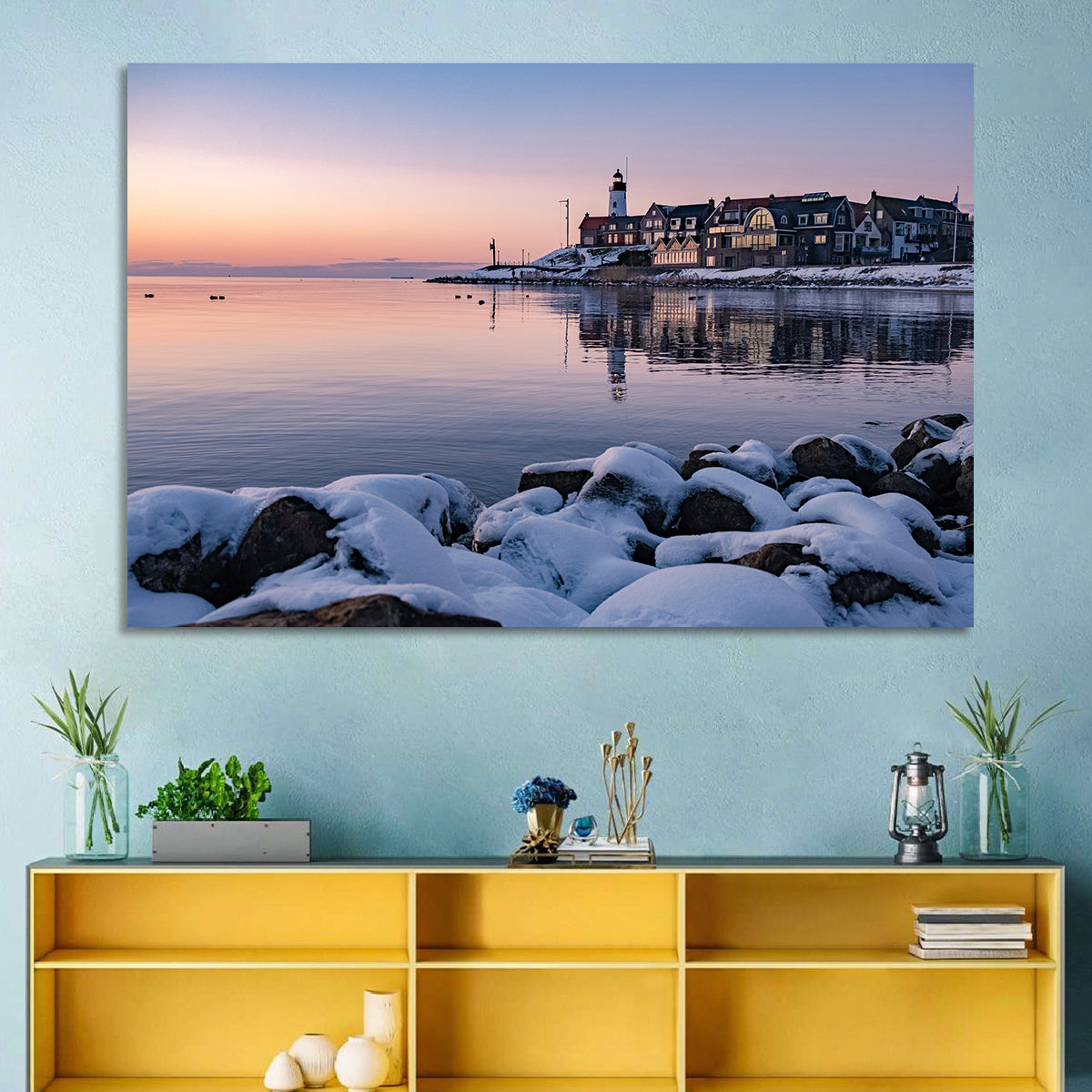 Urk Lighthouse Winter Twilight Harbor Wall Art in a room, landscape