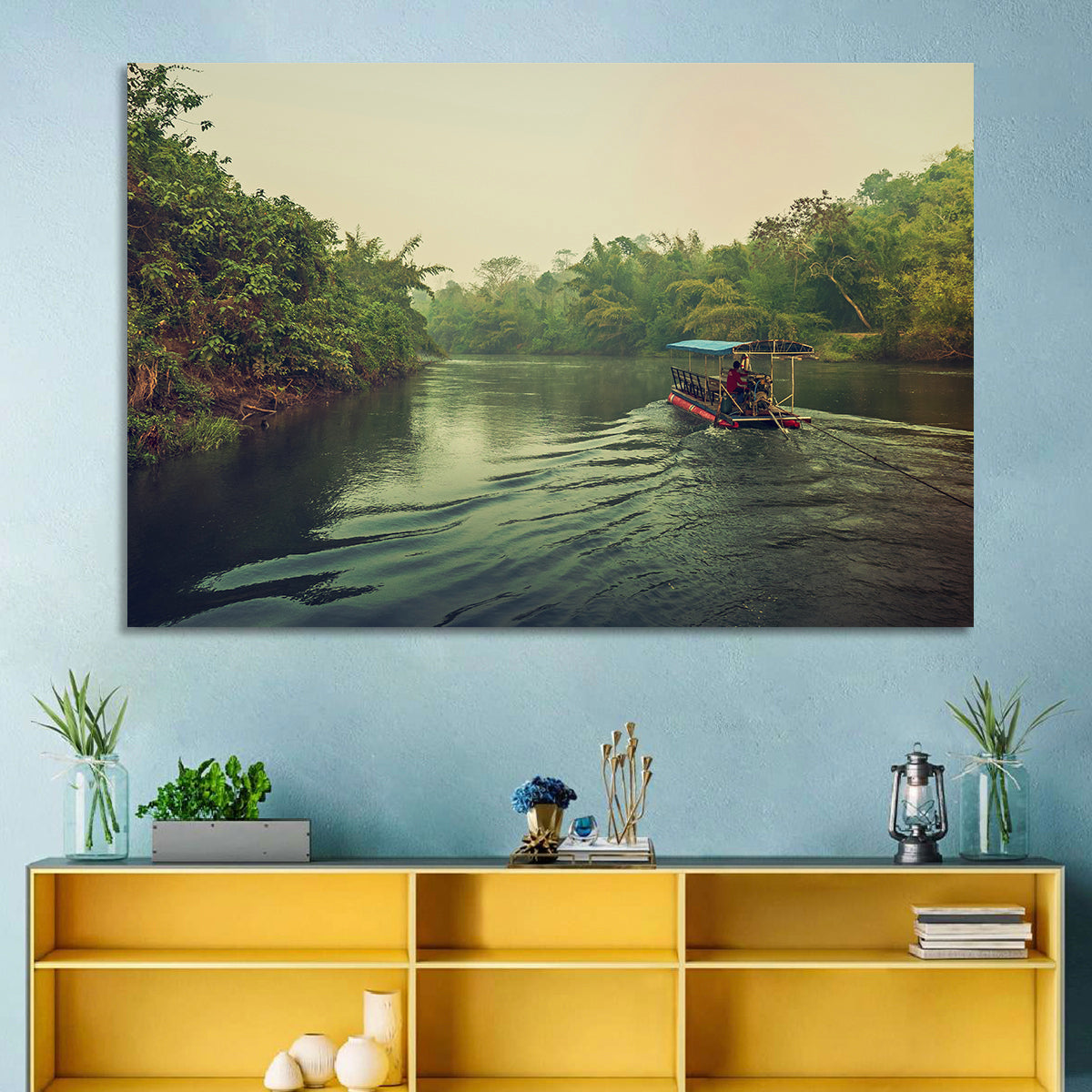 Misty Long-tail Boat on River Kwai Wall Art in a room, landscape