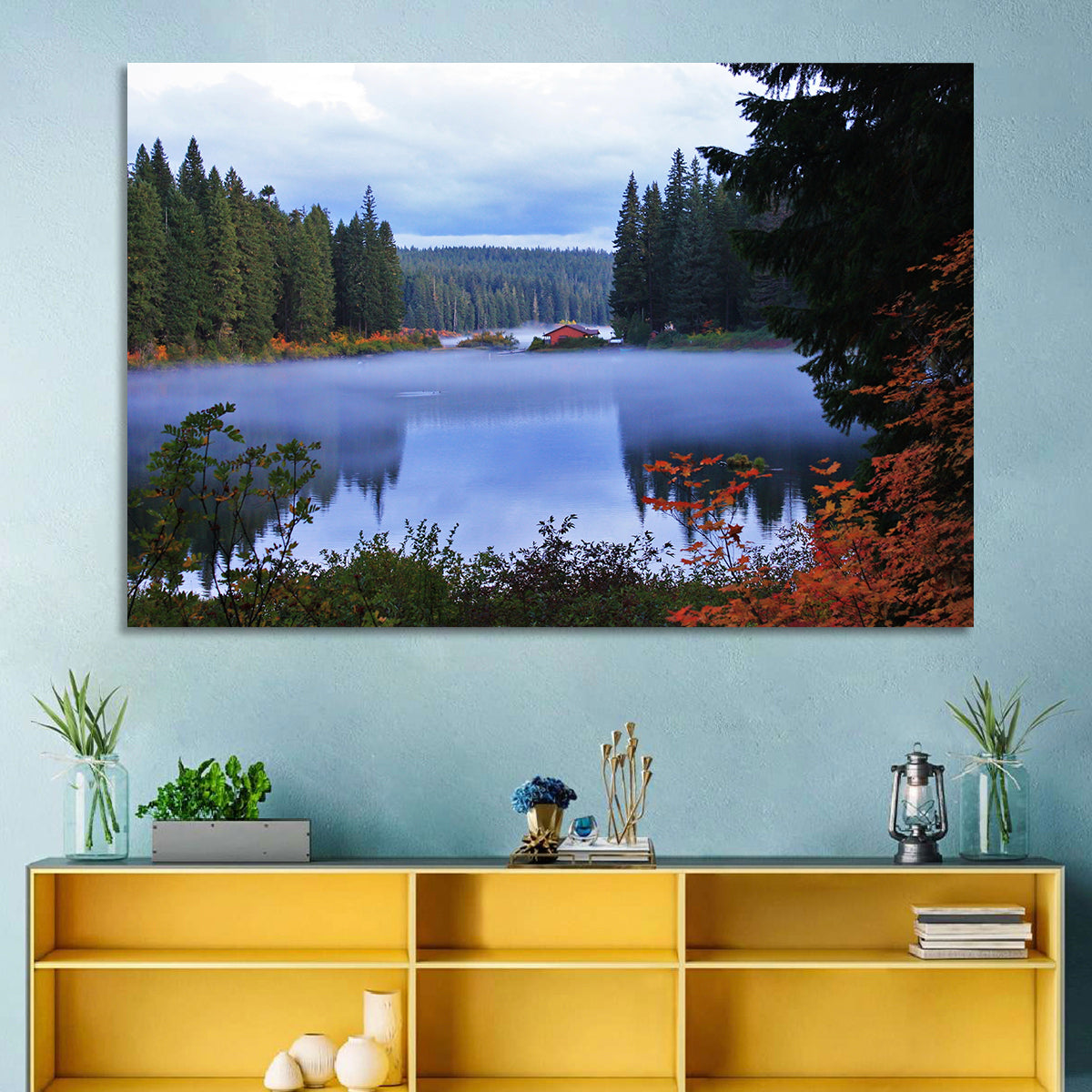 Lynn County Lake Cabin Reflection Wall Art in a room, landscape