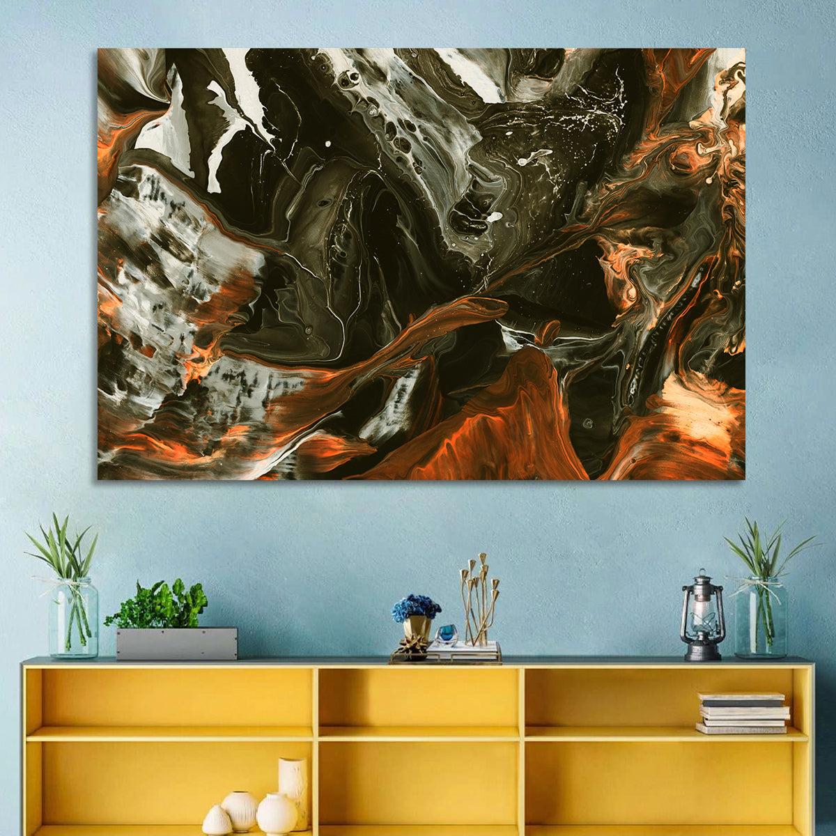 Volcanic Marble Swirl Wall Art in a room, landscape