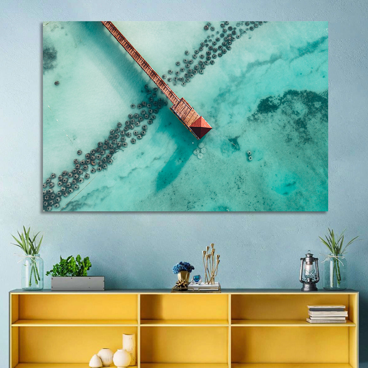 Aerial Red Pier Over Turquoise Water Wall Art in a room, landscape