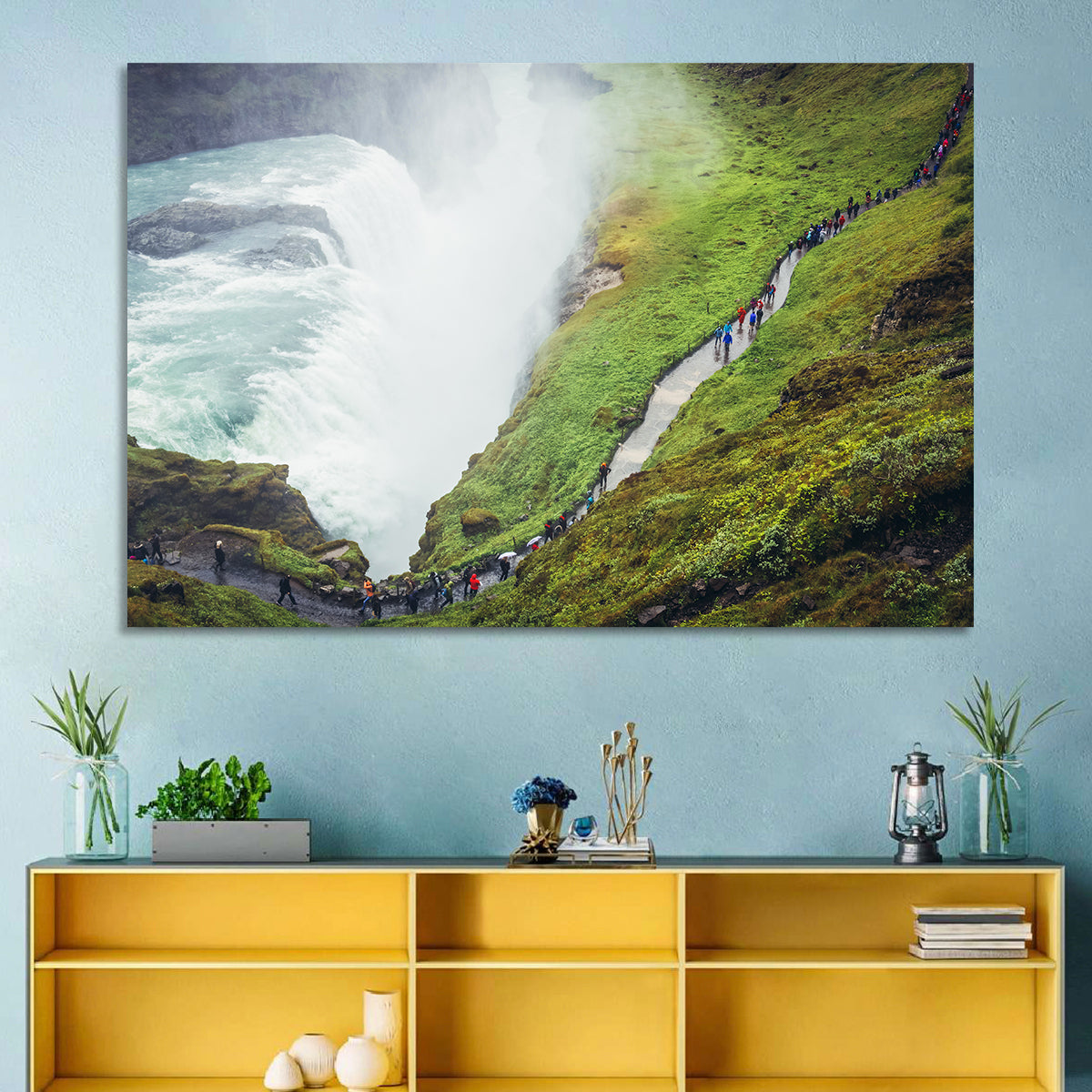 Misty Path at Gullfoss Waterfall Wall Art in a room, landscape