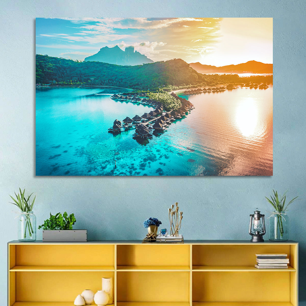 Bora Bora Overwater Bungalows Wall Art in a room, landscape