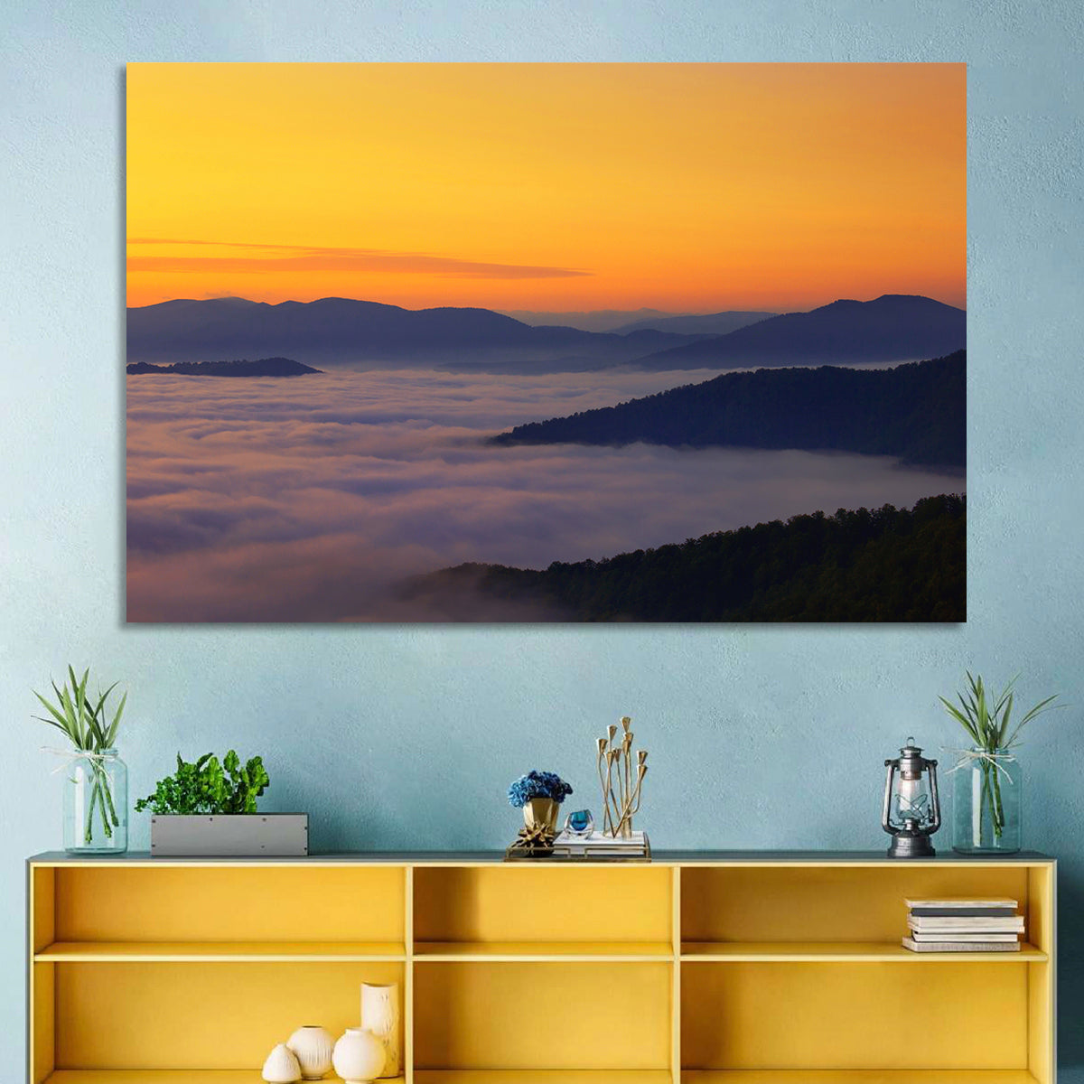 Cloud Sea Over Mountains at Golden Dawn Wall Art in a room, landscape