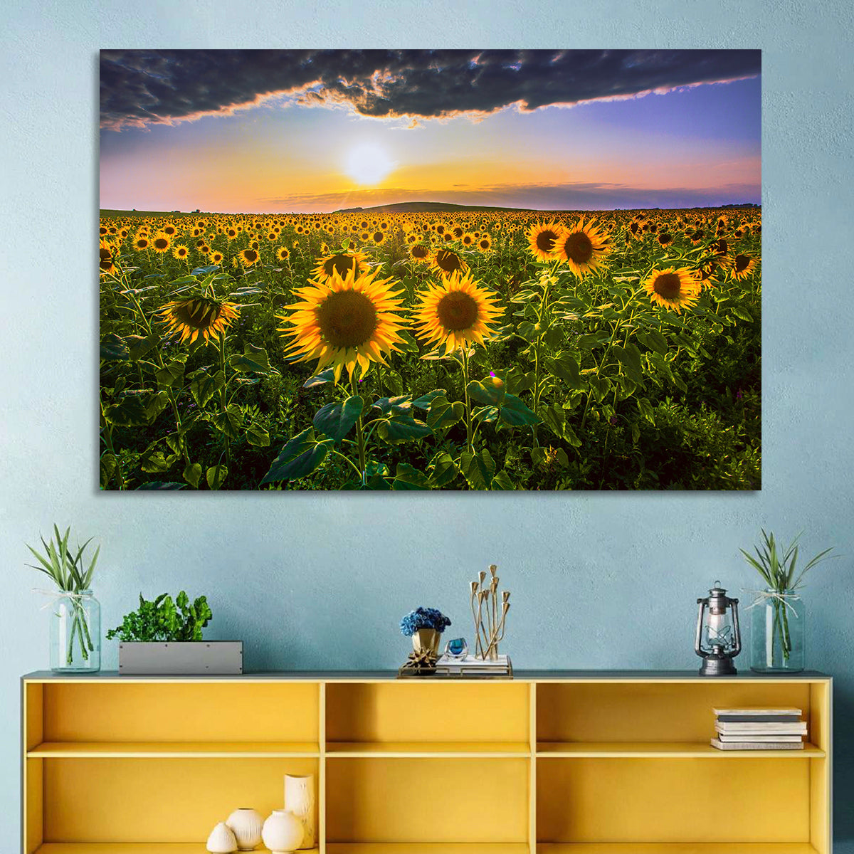 Sunflower Field at Golden Hour Wall Art in a room, landscape